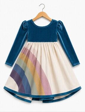 Pleiades Teal Velvet & Cream Rainbow Skirt Girls' Dress